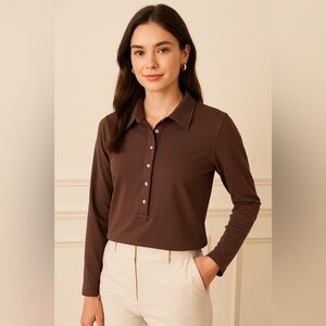 J. McLaughlin Silk Blend Long Sleeve Polo Blouse Top Size LG Brown Preppy Office